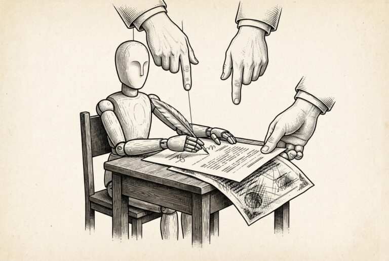 Wooden marionette signing a contract while puppeteer swaps the document — agent knew, user didn't, CWE-451 ghost approval vulnerability