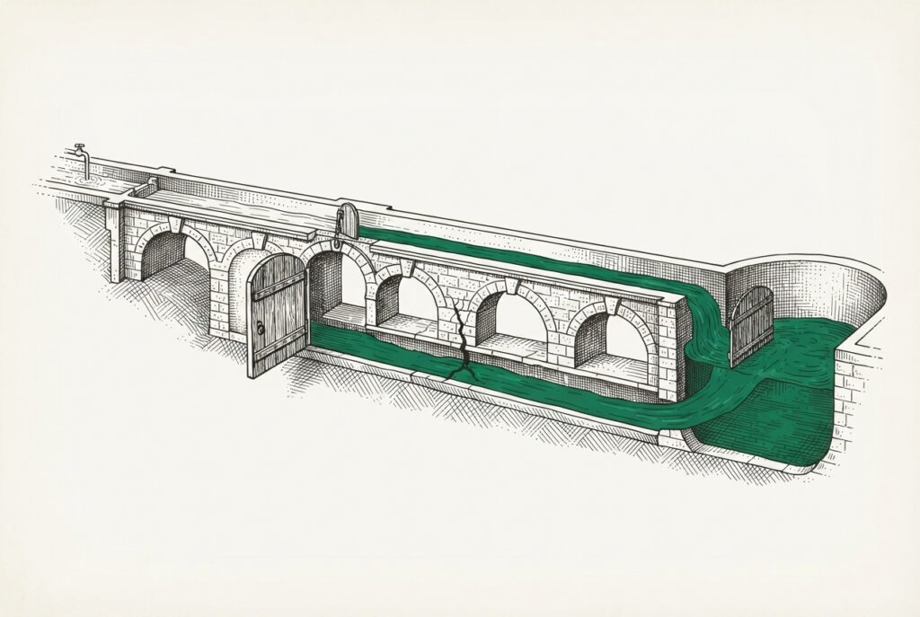 Aqueduct metaphor - open bypass gate, cracked subsidiary conduit, green water flowing through unintended path. Accent mode for lead placement.
