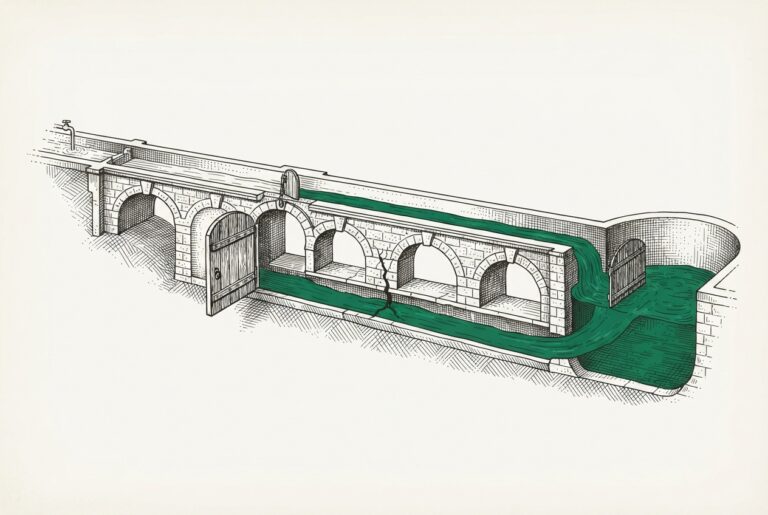 Aqueduct metaphor - open bypass gate, cracked subsidiary conduit, green water flowing through unintended path. Accent mode for lead placement.