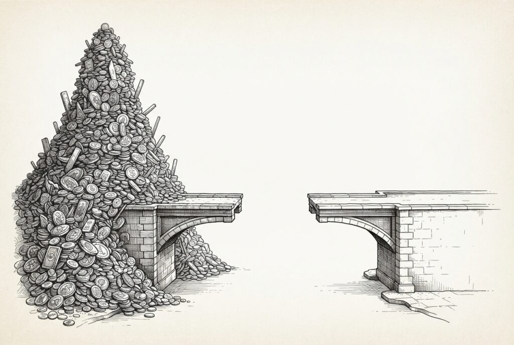 An unfinished bridge spanning two asymmetric banks - one piled with wealth, the other bare and empty - with a gap in the center where the span cannot connect, rendered in monochrome pen-and-ink engraving style on warm paper.