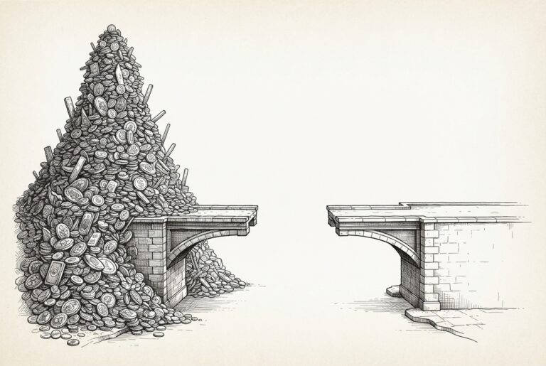 An unfinished bridge spanning two asymmetric banks - one piled with wealth, the other bare and empty - with a gap in the center where the span cannot connect, rendered in monochrome pen-and-ink engraving style on warm paper.