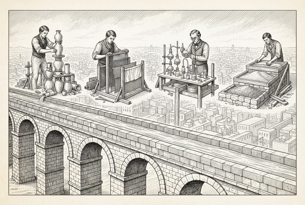 Aqueduct with flowing water below commoditized rails while four engineers build incompatible purification systems above — fragmented trust layer