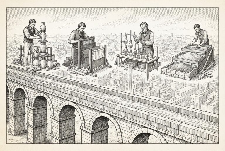 Aqueduct with flowing water below commoditized rails while four engineers build incompatible purification systems above — fragmented trust layer