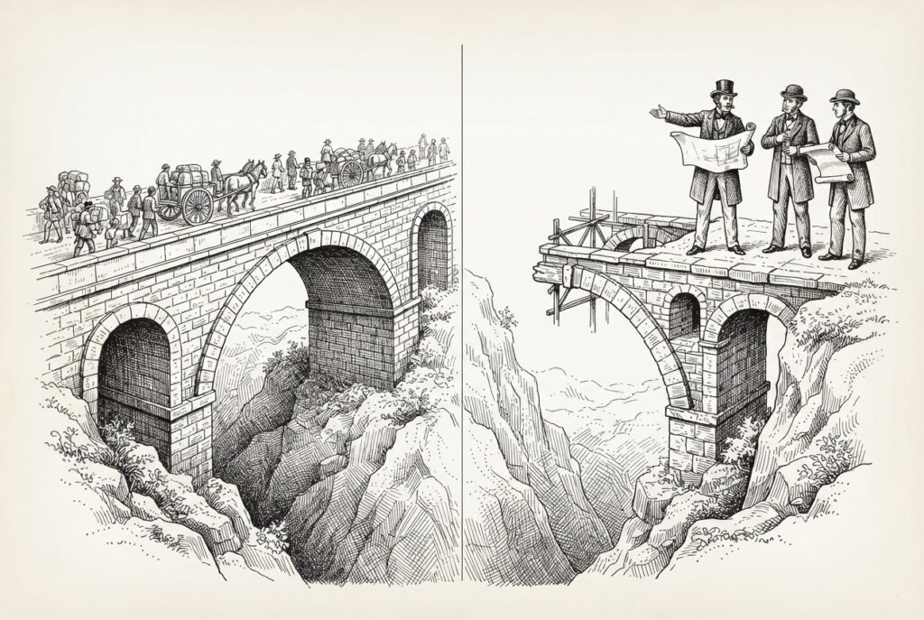 Completed bridge with traffic versus unfinished bridge with engineers debating at the edge — China's Cat-3 agentic commerce ahead of the West