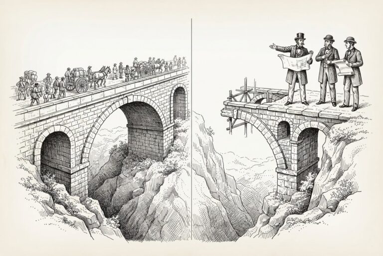 Completed bridge with traffic versus unfinished bridge with engineers debating at the edge — China's Cat-3 agentic commerce ahead of the West