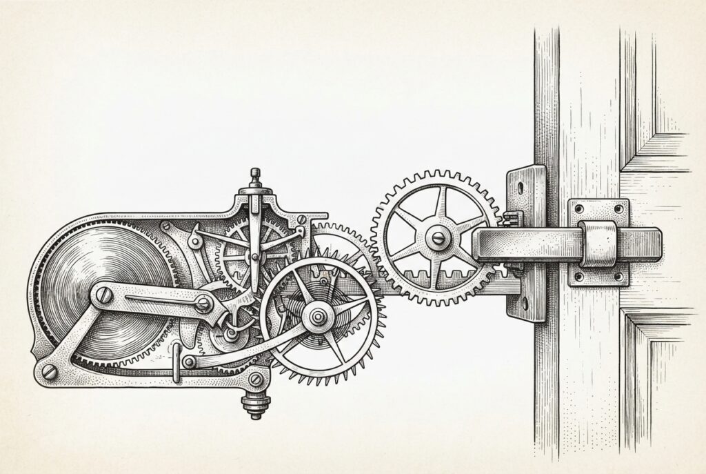 An ornate clockwork mechanism with exposed gears and springs, the final gear engaged with a locking bolt - representing the constitutional ten-day clock that automatically locked the Fed out of digital currency issuance.