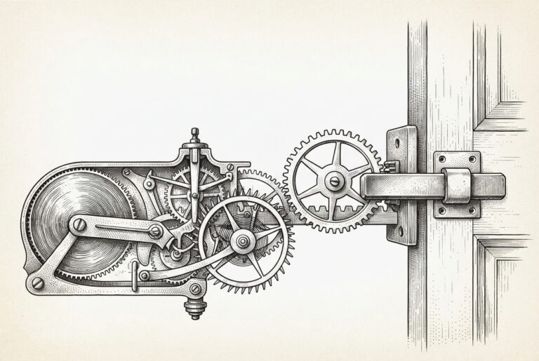 An ornate clockwork mechanism with exposed gears and springs, the final gear engaged with a locking bolt - representing the constitutional ten-day clock that automatically locked the Fed out of digital currency issuance.