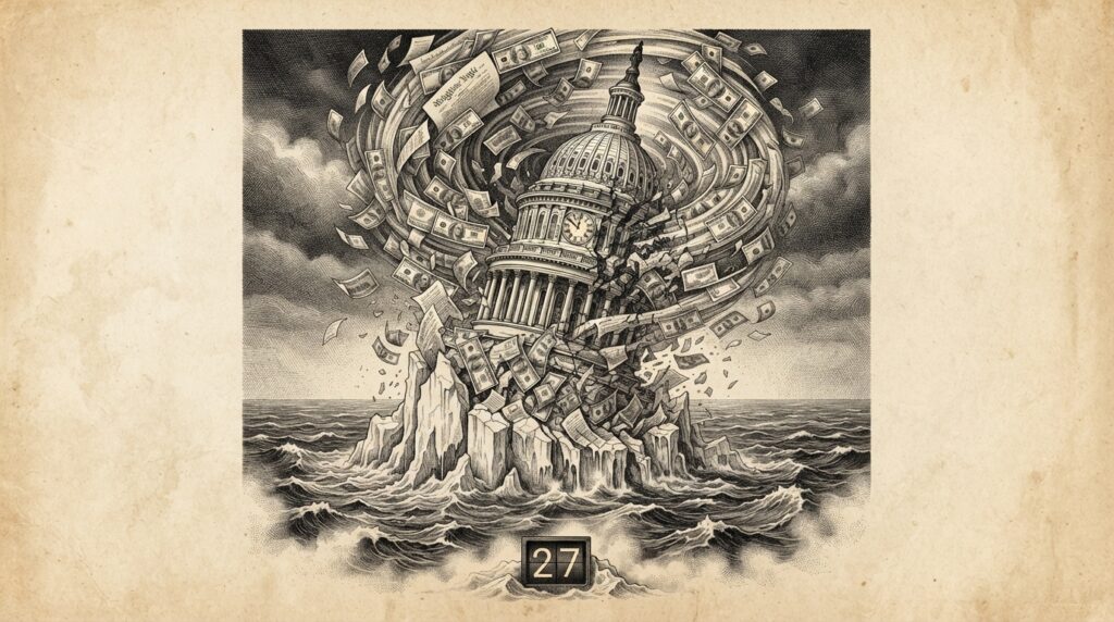 A monochrome pen-and-ink engraving on warm paper of a Senate clock tower being swallowed by a cyclonic wind of gilded $100 bills while sitting on a melting iceberg in a dark sea.