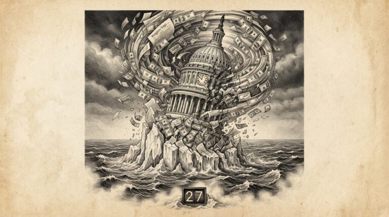 A monochrome pen-and-ink engraving on warm paper of a Senate clock tower being swallowed by a cyclonic wind of gilded $100 bills while sitting on a melting iceberg in a dark sea.