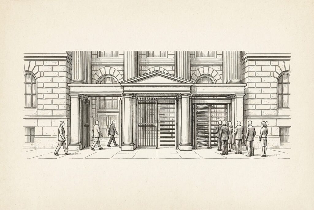 A classical architectural turnstile built into the facade of a central bank building, one open lane flowing freely while another is blocked by a heavy iron barrier, rendered in monochrome pen-and-ink engraving style on warm paper.