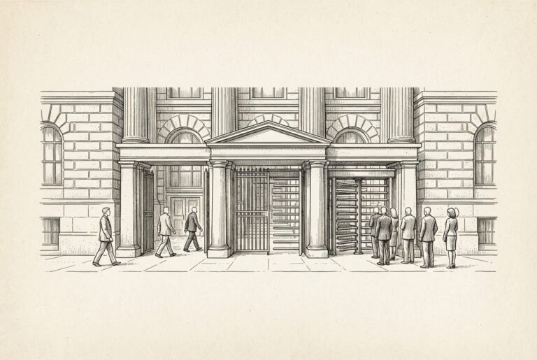 A classical architectural turnstile built into the facade of a central bank building, one open lane flowing freely while another is blocked by a heavy iron barrier, rendered in monochrome pen-and-ink engraving style on warm paper.