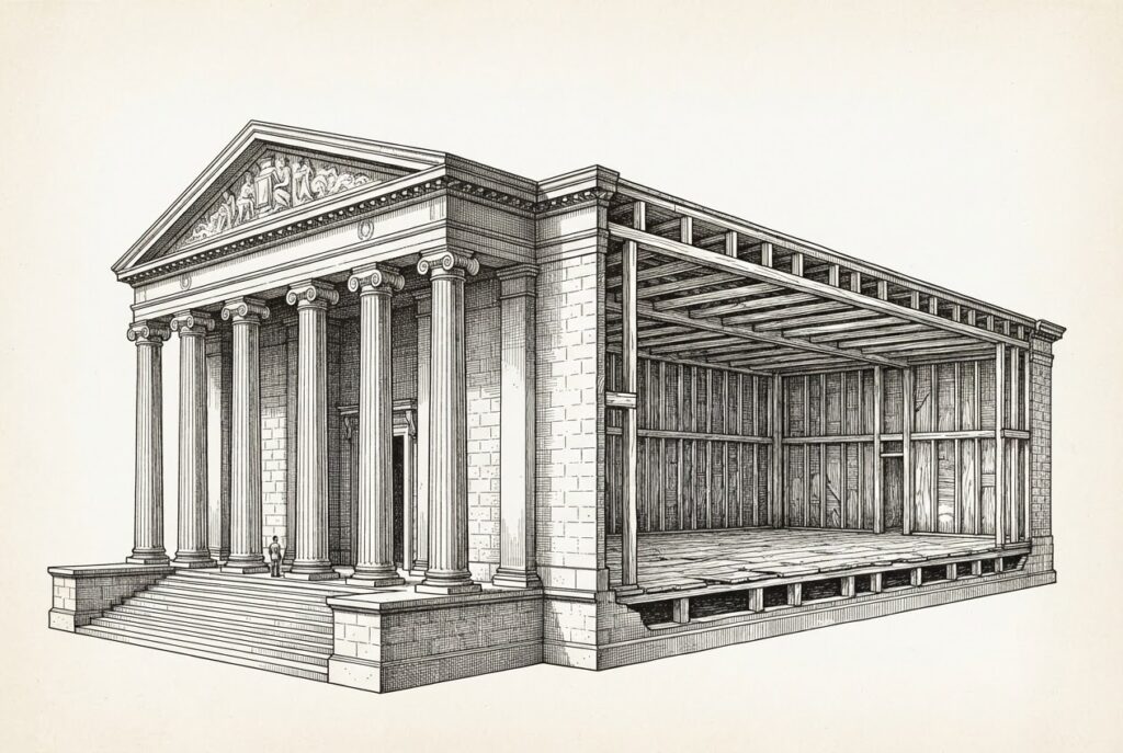 A neoclassical government building with imposing columns and ornate exterior, its interior revealed as empty framing and unfinished floors - representing legislative architecture built without the regulatory rules needed to operate inside it.