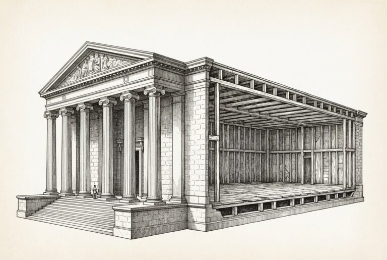 A neoclassical government building with imposing columns and ornate exterior, its interior revealed as empty framing and unfinished floors - representing legislative architecture built without the regulatory rules needed to operate inside it.