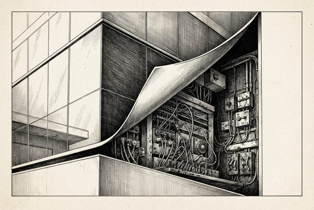 Engraving of a modern corporate facade being peeled away to reveal a manual switchboard, illustrating the AI washing framework.
