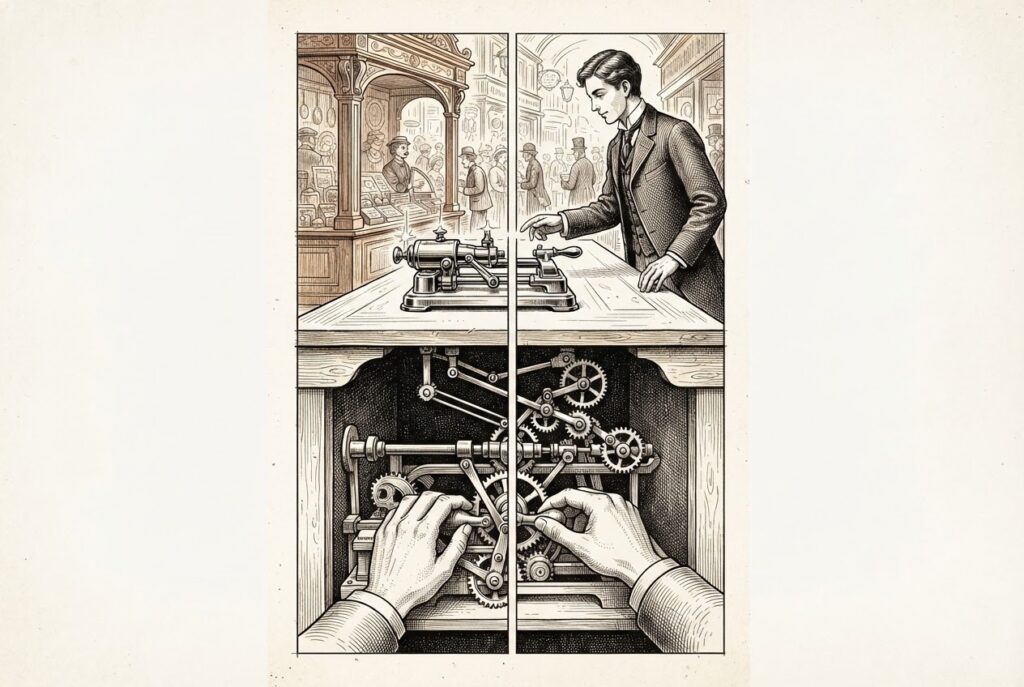 A marketplace stall where a buyer reaches for a tool, unseen that a hidden mechanism of gears and hands operates beneath the counter - the supply chain compromised from inside.