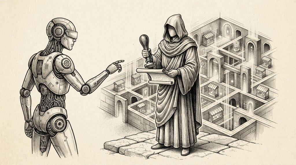 Monochrome pen-and-ink engraving of a humanoid machine reaching toward a geometric digital marketplace, with a robed evaluator figure standing between them holding an oversized wax seal - representing the trust architecture that Virtuals ACP builds on top of agent-to-agent commerce.