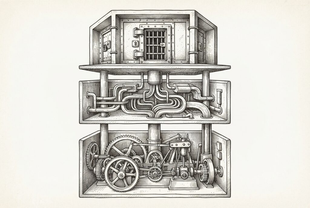 Pen-and-ink engraving of a three-layer architectural cross-section: a mechanical engine of gears and machinery at the base, a network of channels and conduits in the middle, and a fortified vault with locks at the top, connected by vertical shafts - depicting Virtuals Protocol's stack where execution, commerce, and economic identity layers build on one another.