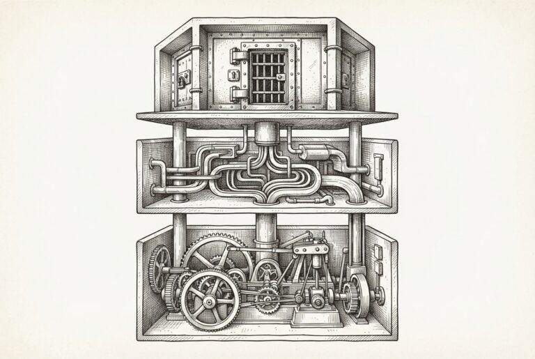 Pen-and-ink engraving of a three-layer architectural cross-section: a mechanical engine of gears and machinery at the base, a network of channels and conduits in the middle, and a fortified vault with locks at the top, connected by vertical shafts - depicting Virtuals Protocol's stack where execution, commerce, and economic identity layers build on one another.