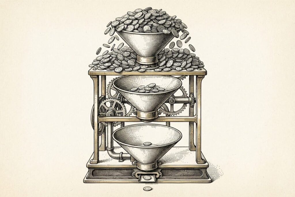 An engraving of a mechanical apparatus with three stacked coin-receiving funnels, the top overflowing with coins while the bottom sits nearly empty - representing Virtuals Protocol's three-layer revenue stack.