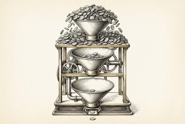 An engraving of a mechanical apparatus with three stacked coin-receiving funnels, the top overflowing with coins while the bottom sits nearly empty - representing Virtuals Protocol's three-layer revenue stack.