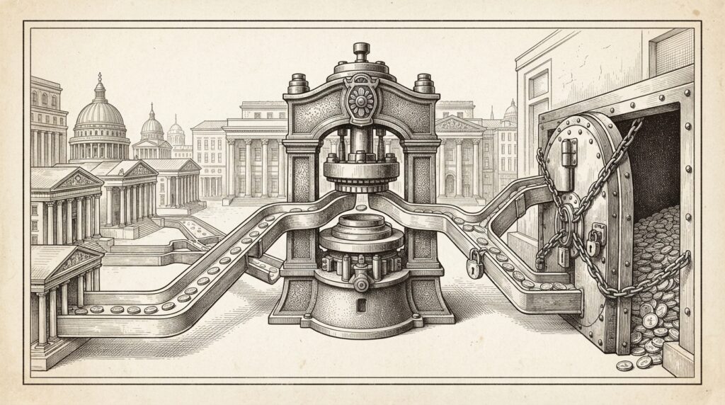 A monochrome pen-and-ink engraving of a massive industrial minting press with two diverging distribution streams: one flowing freely toward institutional buildings (OUSD pass-through), the other hitting a sealed vault with chains (Circle float-capture) - the structural business model competition at the heart of Visa's Stablecoin Platform launch.