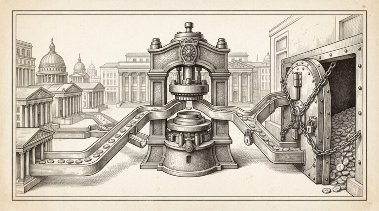 A monochrome pen-and-ink engraving of a massive industrial minting press with two diverging distribution streams: one flowing freely toward institutional buildings (OUSD pass-through), the other hitting a sealed vault with chains (Circle float-capture) - the structural business model competition at the heart of Visa's Stablecoin Platform launch.
