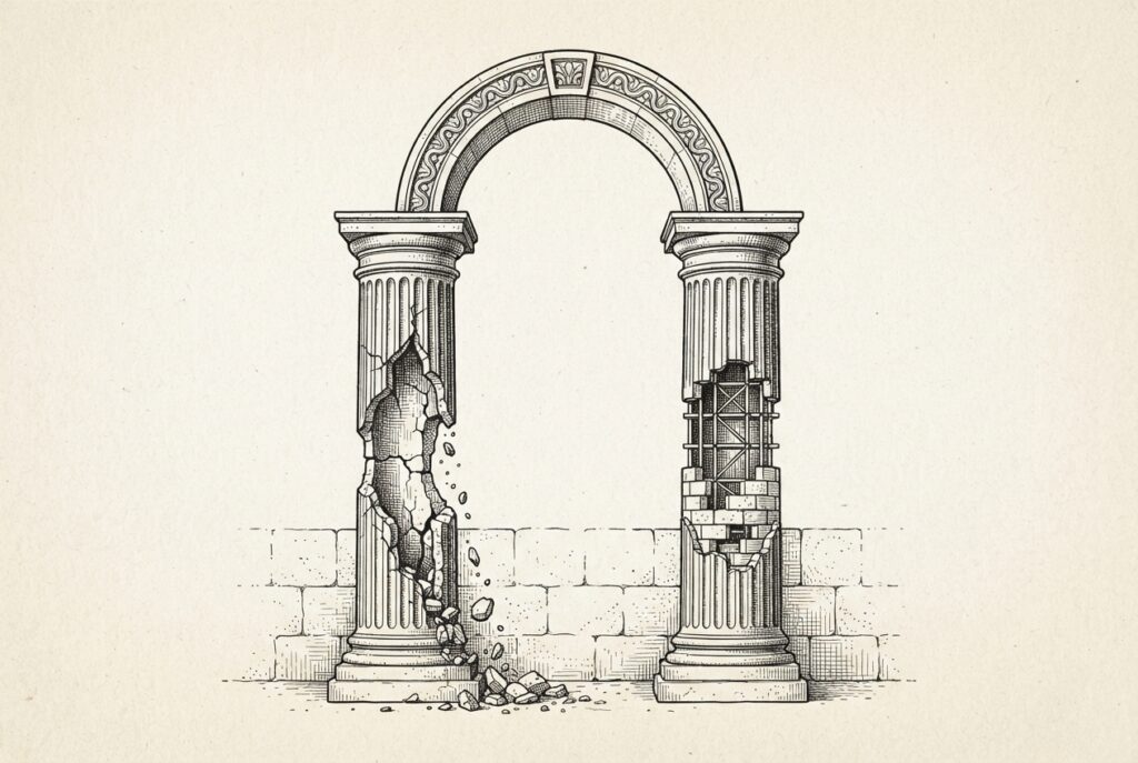 Two classical architectural columns supporting the same arch — one hollowing and crumbling from within, the other being reinforced with scaffolding and new masonry — rendered in monochrome engraving style on warm paper