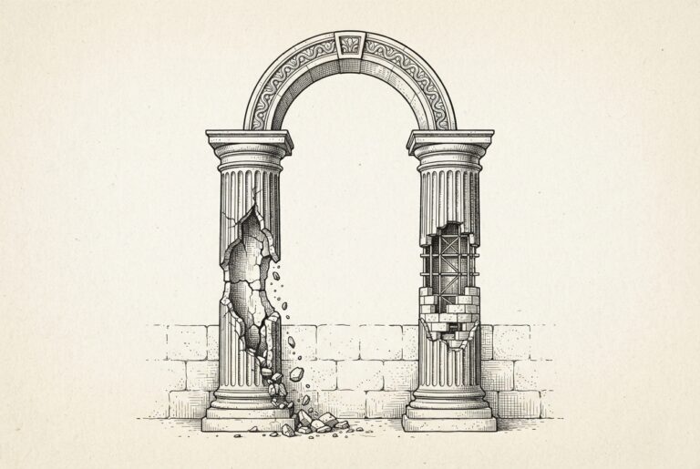 Two classical architectural columns supporting the same arch — one hollowing and crumbling from within, the other being reinforced with scaffolding and new masonry — rendered in monochrome engraving style on warm paper