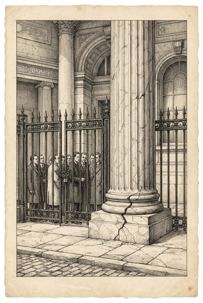 A grand marble column - the kind that flanks the entrance to a major financial institution - standing in front of a locked gate, with a small crowd of suited figures behind it looking in. The column is cracked at the base where it meets the ground. Rendered in monochrome pen-and-ink engraving style on warm paper. Forkast Ink house style. No readable text.