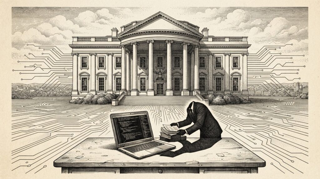 Monochrome editorial engraving of a White House-style building casting a shadow that falls across an open laptop showing code, with circuit-board traces extending outward.