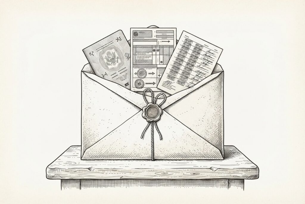 Letter with passport, customs, and audit docs - agent-to-agent communication formalized.