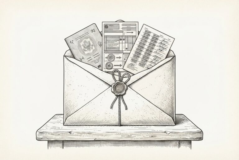 Letter with passport, customs, and audit docs - agent-to-agent communication formalized.