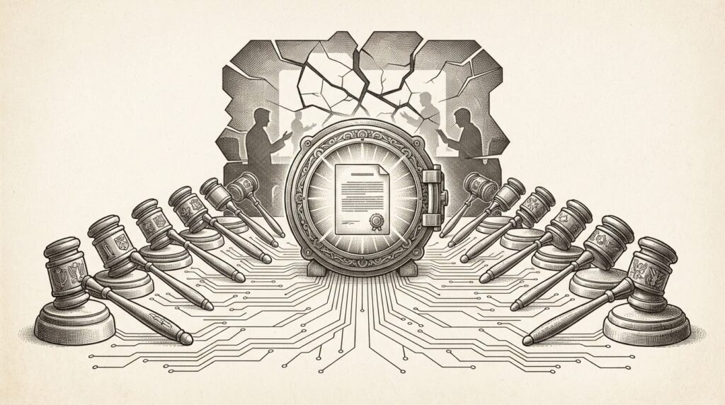 Fifteen state gavels converging on a central preservation document, cracked sandbox with agent silhouettes in the background. Monochrome editorial engraving.