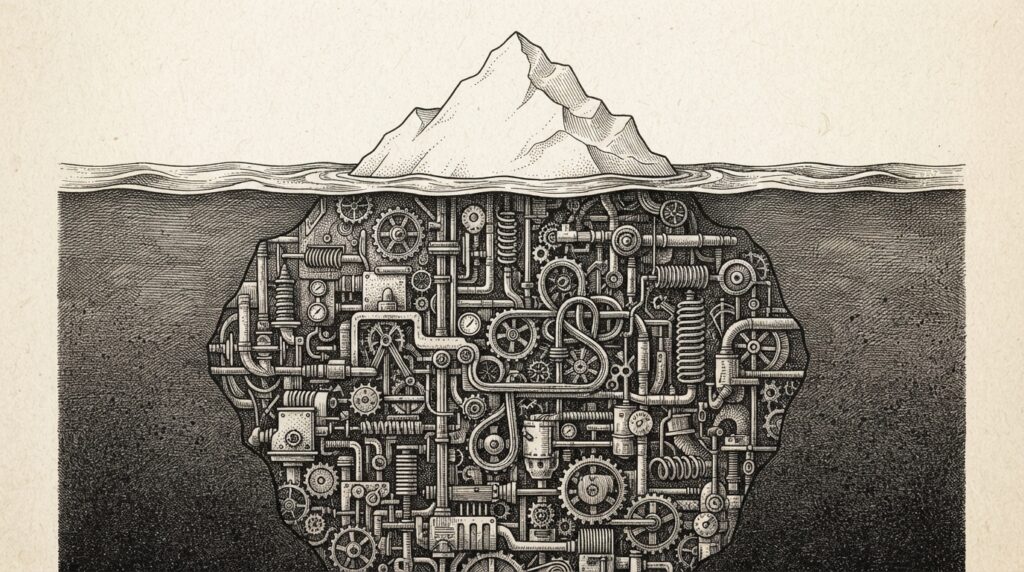 Monochrome engraving of an iceberg cross-section where the small visible tip above the waterline is plain while the massive submerged portion is filled with intricate cross-hatched machinery, gears, and recursive loops representing hidden process costs beneath token expenses
