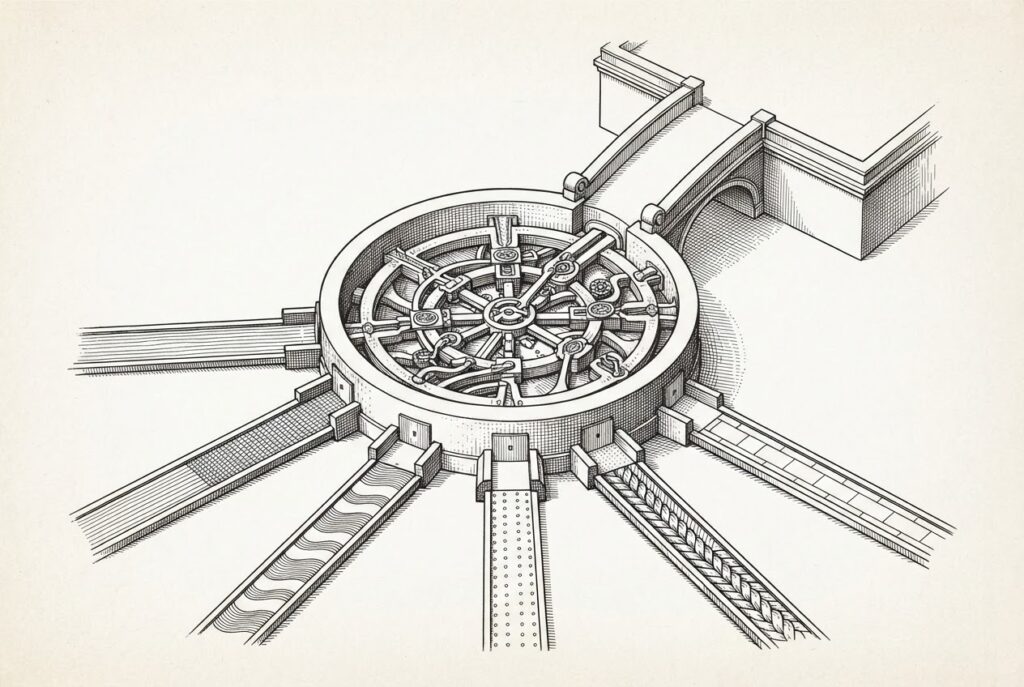 Monochrome engraved lockhouse diagram with six distinct payment rails feeding a central routing chamber and one broad settlement exit, symbolizing abstraction across protocols and assets.