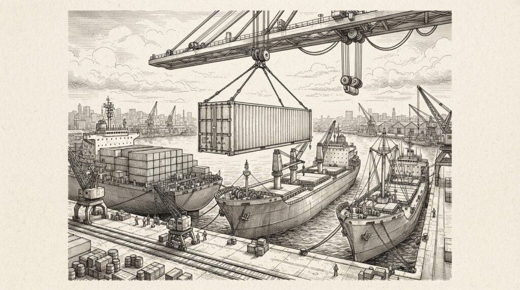 A standardized shipping container being loaded simultaneously onto three different ships at a dock, with no destination label. Monochrome pen-and-ink engraving on warm paper.