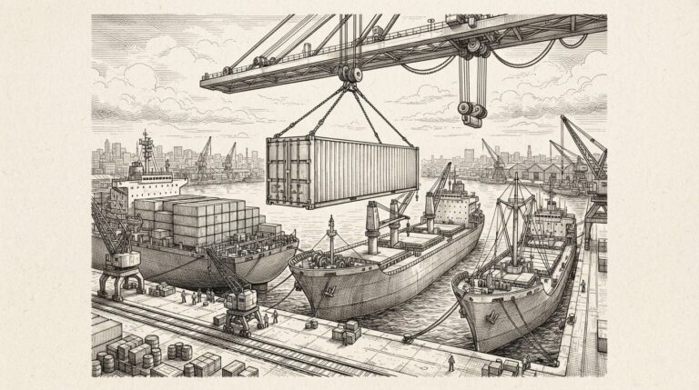 A standardized shipping container being loaded simultaneously onto three different ships at a dock, with no destination label. Monochrome pen-and-ink engraving on warm paper.