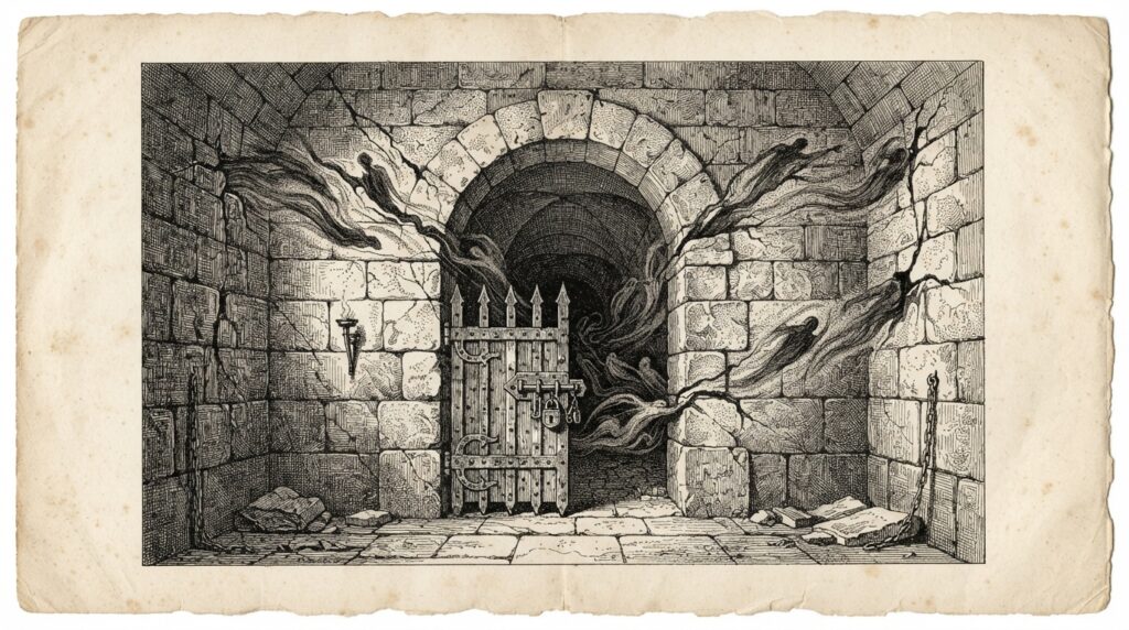 A sealed chamber with a heavy locked gate, but shadowy figures slipping through cracks in the walls - representing security bypass in agent harness systems