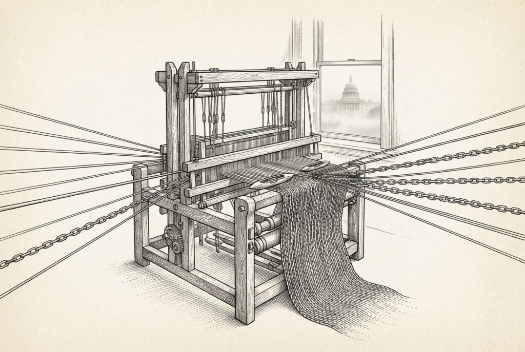 An antique wooden weaving loom with multiple types of threads converging from different directions - smooth card-network threads, chain-linked crypto threads, and mechanical processor threads - woven into a single fabric by unmanned shuttles. Through a window behind the loom, a distant government building is visible but shrouded in haze.