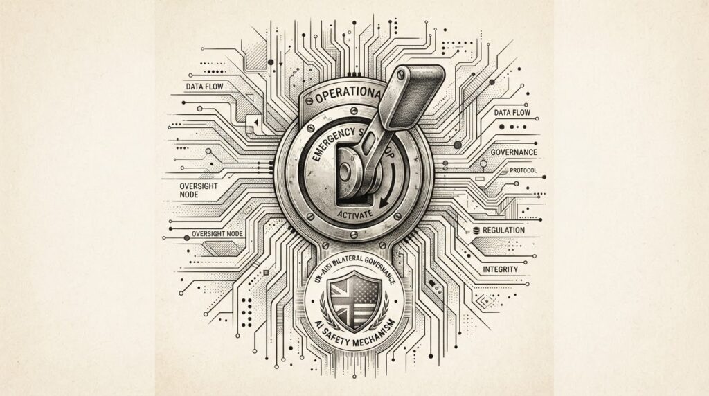 Kill switch lever embedded in abstract digital circuit board with bilateral governance motif