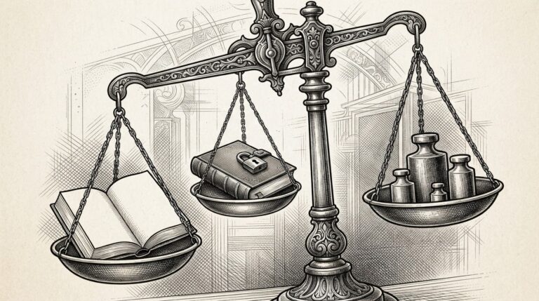 A balance scale with three tiered pans representing licensing models: royalty-free (open book), conditional-free (book with lock), and revenue-share (model weights). The scale tips toward the revenue-share side. Monochrome pen-and-ink engraving on warm paper.