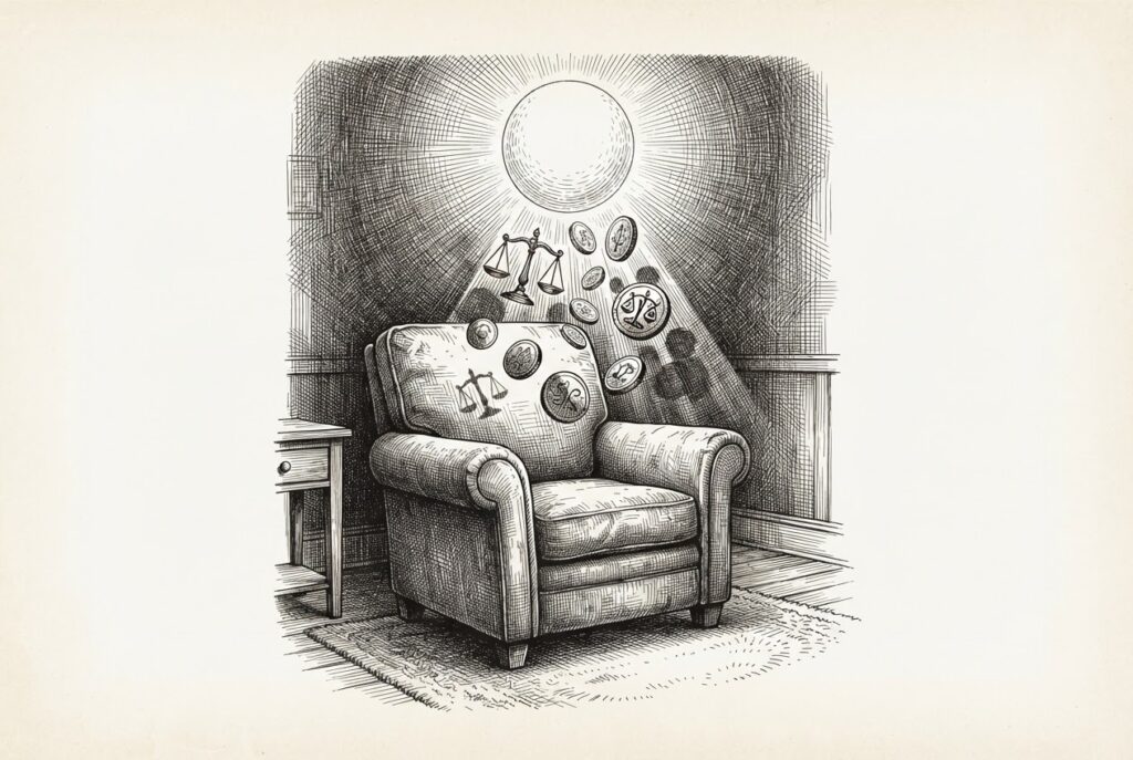 Pen-and-ink illustration of an empty armchair facing a glowing orb with abstract commerce symbols - scales, coins, and token-like discs - drifting from the light source, representing the hidden commercial agenda of free AI assistants in the living room