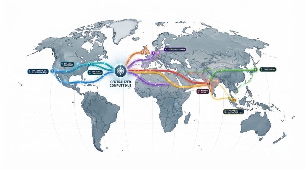 World map showing seven colored pathways converging on a central node, representing Anthropic's compute corridors across three continents