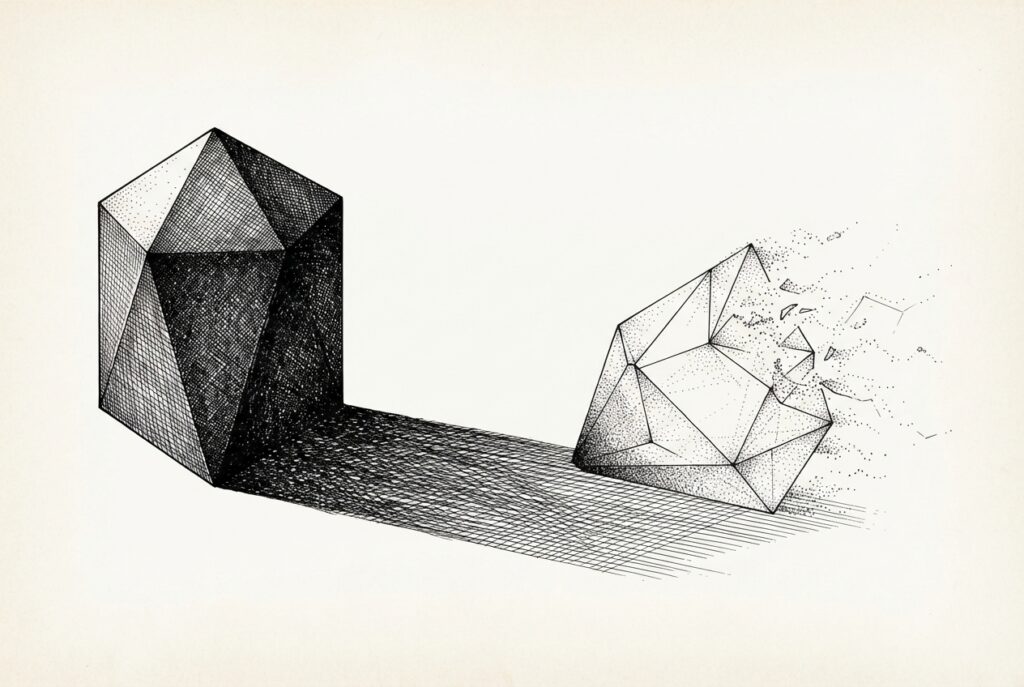 A dense dark geometric polyhedron casts a long shadow that falls across a lighter, more delicate crystalline form. The lighter form is fragmenting at its edges, stippled particles drifting into empty space. Metaphor: Anthropic's market gravity displacing OpenAI's position - consolidation through structural dominance, not direct attack.