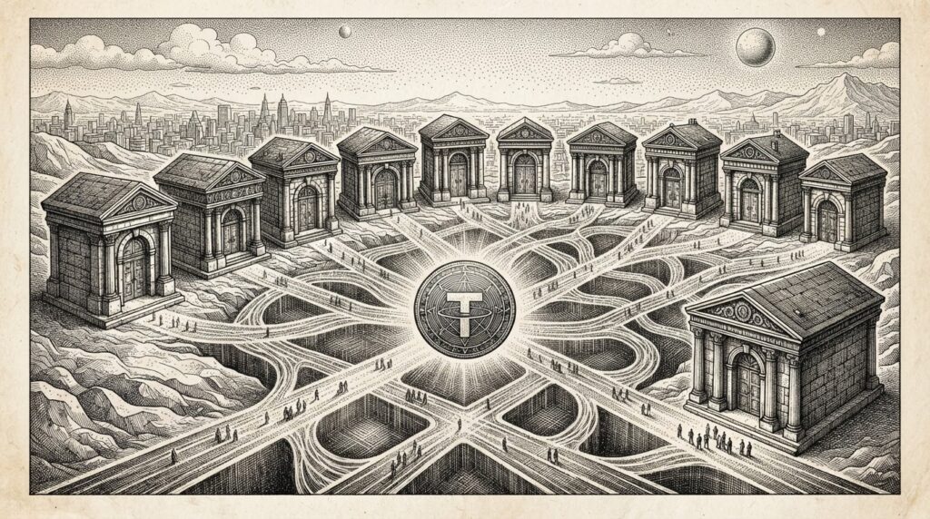 Pen-and-ink engraving of classical stone bank towers connected by cross-hatched blockchain pathways, with a stablecoin token at the center intersection — representing institutional finance stepping into the open, permissionless arena of public blockchains.