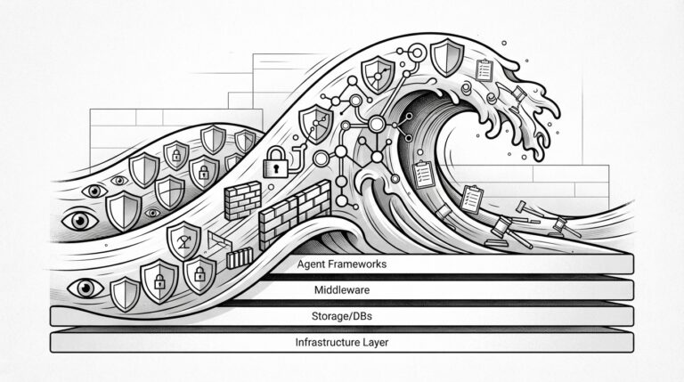 Monochrome editorial illustration of a cresting wave of security tools over agent infrastructure stack, representing the vendor wave at Black Hat 2026