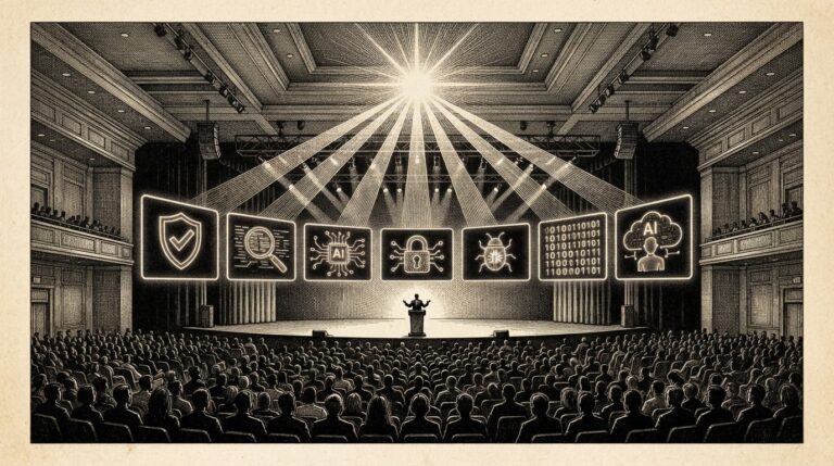 A monochrome pen-and-ink engraving of a panoramic conference hall with seven distinct glowing presentation screens arranged in a crescent formation, each displaying different security symbols, with observer silhouettes watching from below as intersecting beams of light converge into a single bright point representing the consolidation of AI security research into a unified discipline.