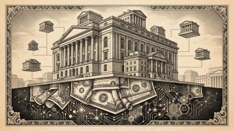 Monochrome engraving of an institutional building with foundations of Treasury bills and blockchain circuits supporting smaller stablecoin issuer structures above