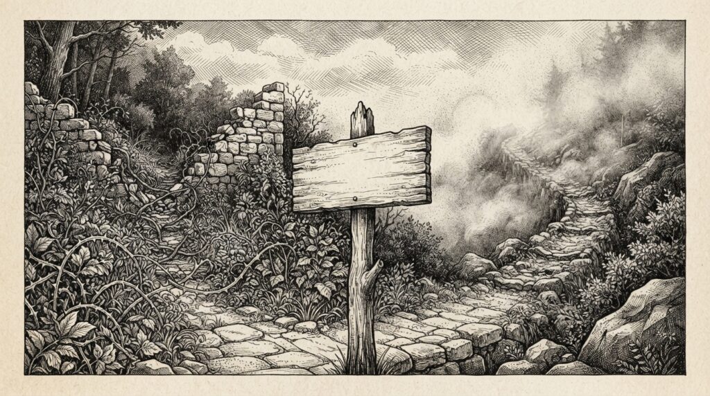 A narrow stone path splits into two at a weathered signpost — one path blocked by overgrowth, the other winding into fog. Monochrome engraving.