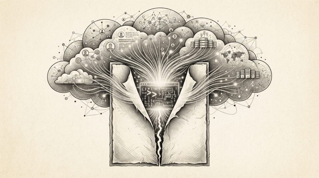 A Word document splitting open to reveal a bidirectional prompt shell connected to a cloud environment — abstract illustration of prompt injection becoming interactive remote execution